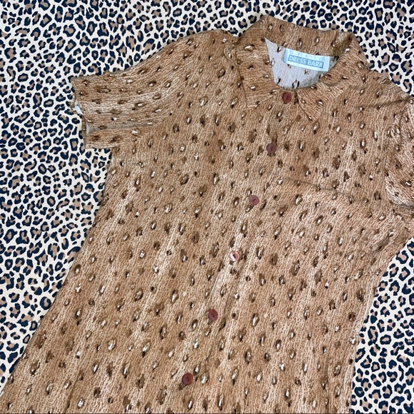 Vintage Shirt Animal Print Dress Barn Short Sleeved Collared Button Down Top Tan - Picture 1 of 4